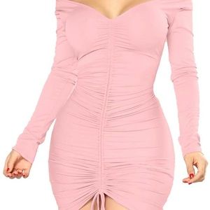 Pink Long Sleeve Off The Shoulder Ruched MiniDress